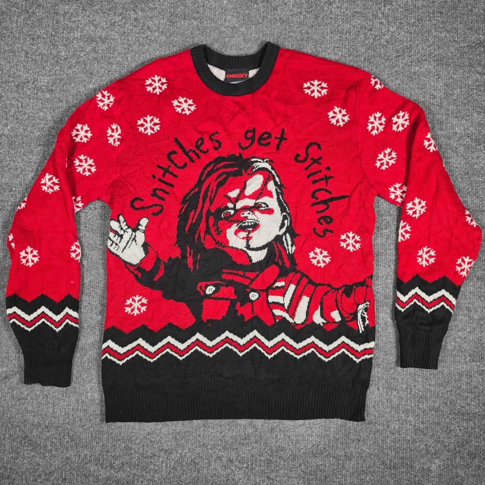 Chucky Snitches Get Stitches Ugly Christmas Sweater Red Black Mens Medium